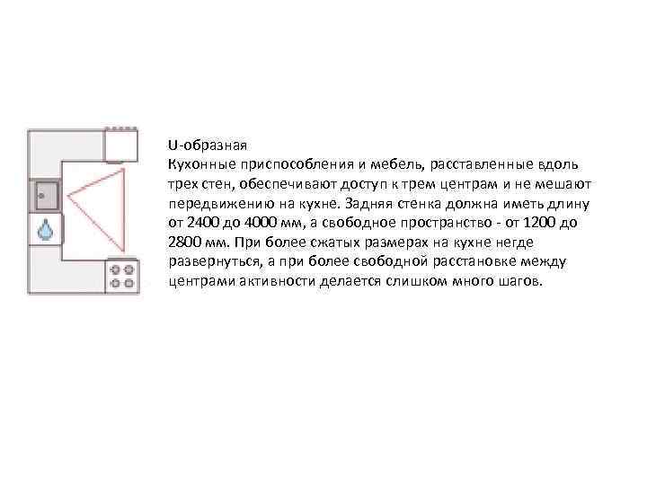 U-образная Кухонные приспособления и мебель, расставленные вдоль трех стен, обеспечивают доступ к трем центрам