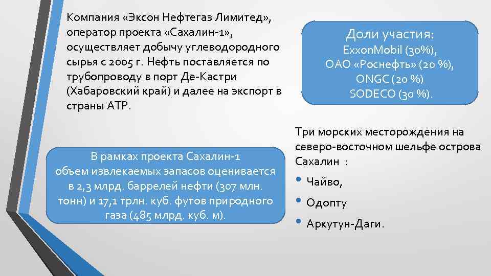 Компания «Эксон Нефтегаз Лимитед» , оператор проекта «Сахалин-1» , осуществляет добычу углеводородного сырья с