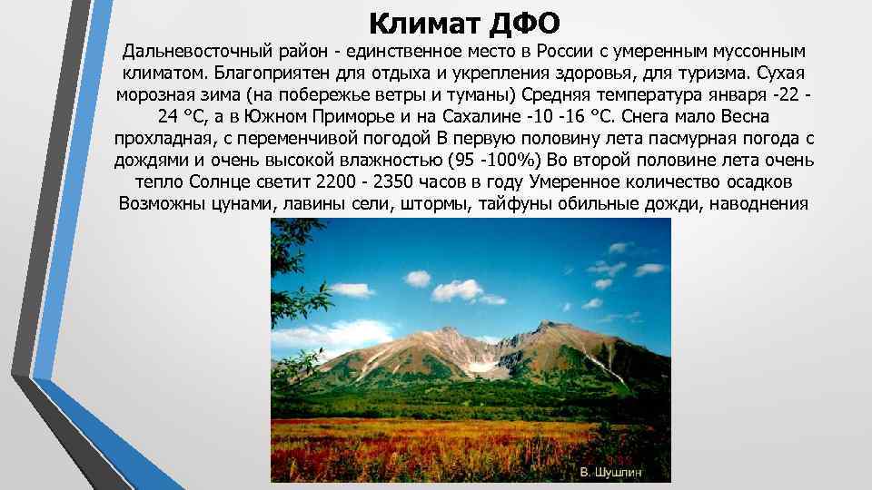 Климат ДФО Дальневосточный район - единственное место в России с умеренным муссонным климатом. Благоприятен