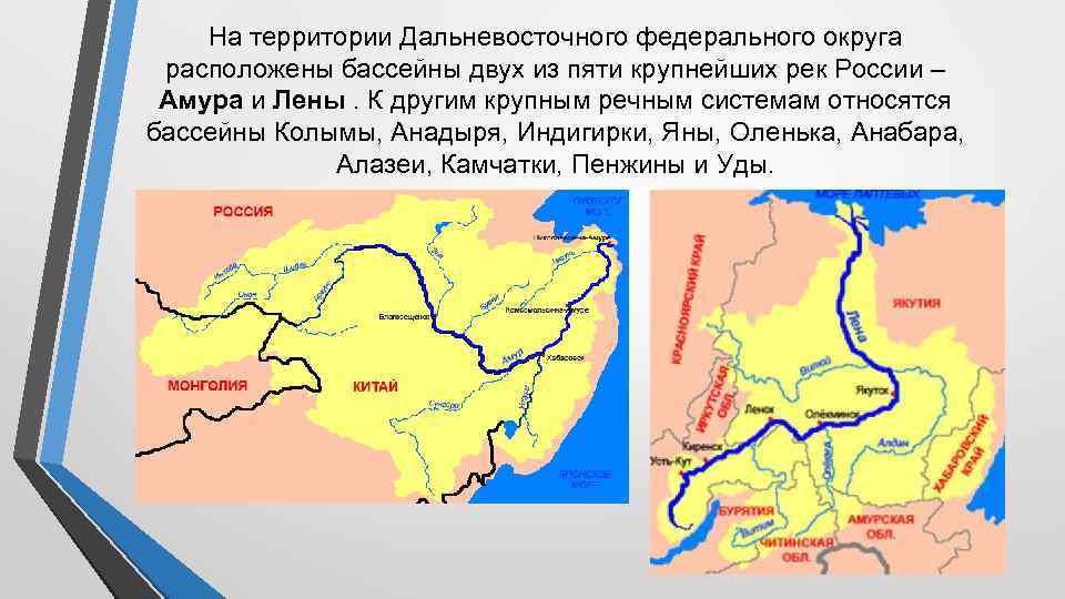 На территории Дальневосточного федерального округа расположены бассейны двух из пяти крупнейших рек России –