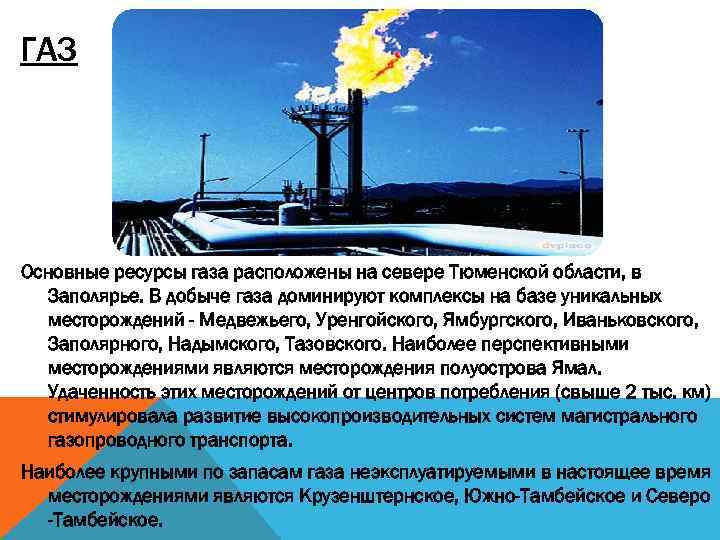 ГАЗ Основные ресурсы газа расположены на севере Тюменской области, в Заполярье. В добыче газа