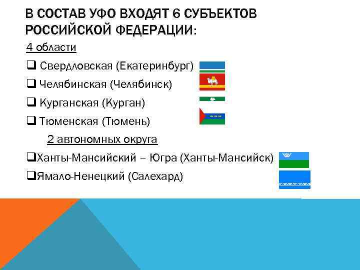 В СОСТАВ УФО ВХОДЯТ 6 СУБЪЕКТОВ РОССИЙСКОЙ ФЕДЕРАЦИИ: 4 области q Свердловская (Екатеринбург) q