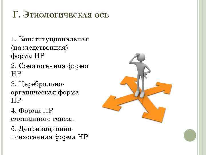 Г. ЭТИОЛОГИЧЕСКАЯ ОСЬ 1. Конституциональная (наследственная) форма НР 2. Соматогенная форма НР 3. Церебральноорганическая