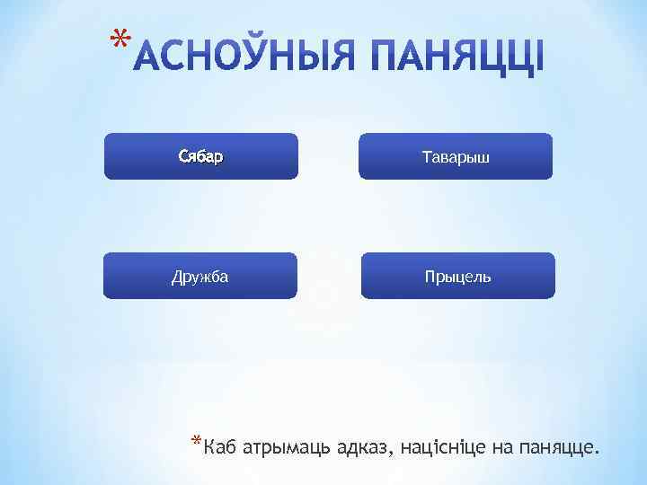 * Сябар Таварыш Дружба Прыцель *Каб атрымаць адказ, націсніце на паняцце. 