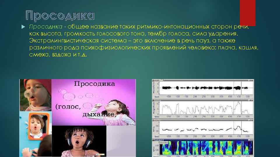 Просодика - общее название таких ритмико-интонационных сторон речи, как высота, громкость голосового тона, тембр