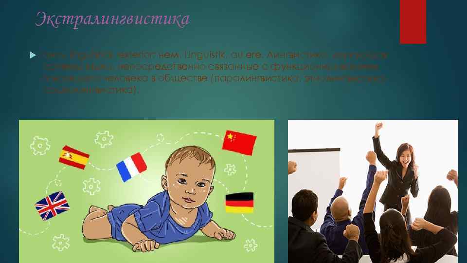 Экстралингвистика англ. linguistics, exterior; нем. Linguistik, au ere. Лингвистика, изучающая аспекты языка, непосредственно связанные