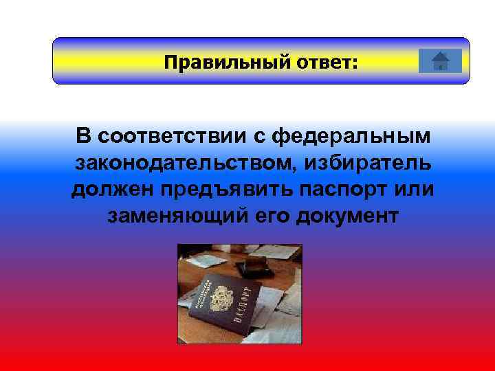 Правильный ответ: В соответствии с федеральным законодательством, избиратель должен предъявить паспорт или заменяющий его