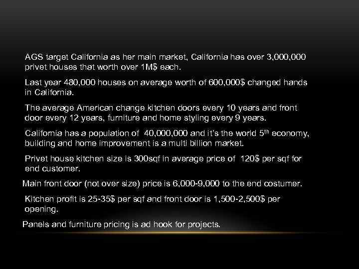 AGS target California as her main market, California has over 3, 000 privet houses