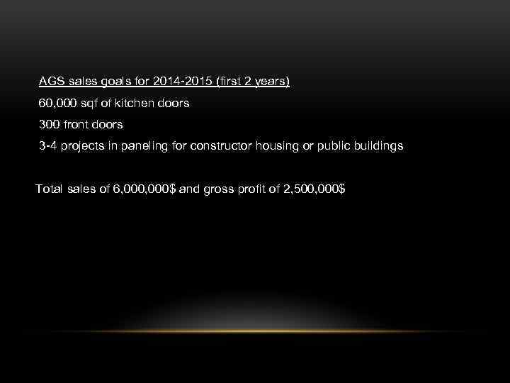 AGS sales goals for 2014 -2015 (first 2 years) 60, 000 sqf of kitchen