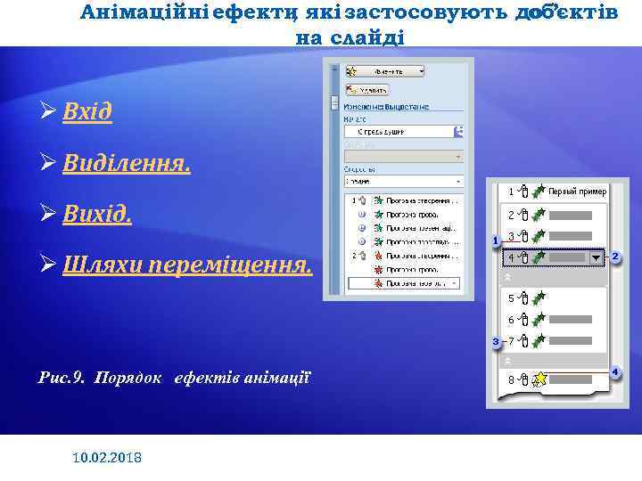 Анімаційні ефекти які застосовують до , об’єктів на слайді Ø Вхід Ø Виділення. Ø