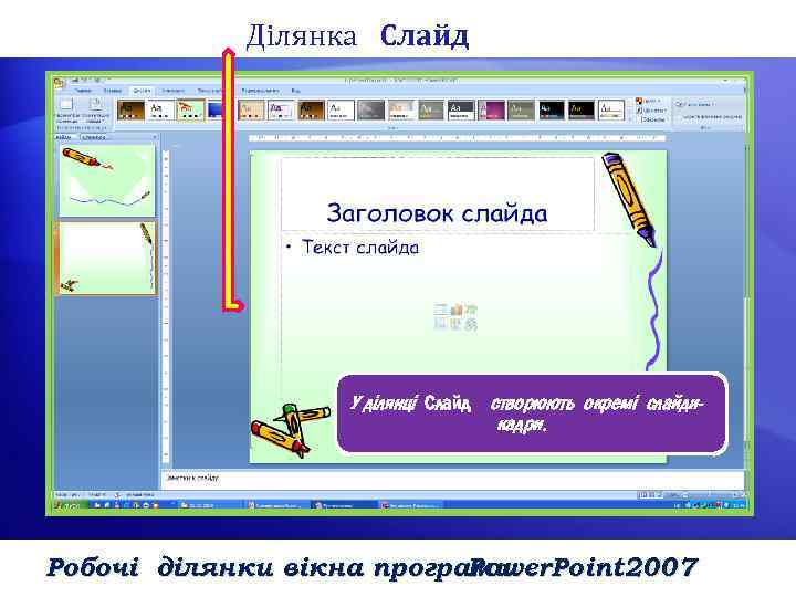 Ділянка Слайд У ділянці Слайд створюють окремі слайдикадри. Робочі ділянки вікна програми Power. Point