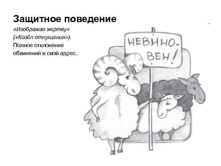 Защитное поведение «Изображая жертву» ( «Козёл отпущения» ). Полное отклонение обвинений в свой адрес.
