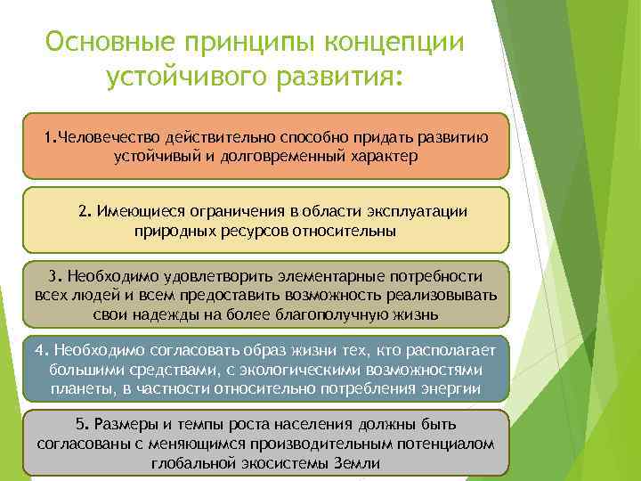 Основные принципы концепции устойчивого развития: 1. Человечество действительно способно придать развитию устойчивый и долговременный