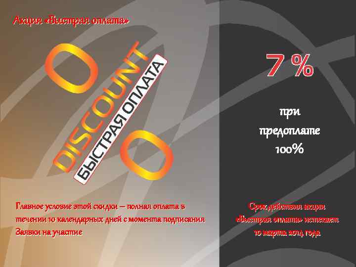 Акция «Быстрая оплата» при предоплате 100% Главное условие этой скидки – полная оплата в