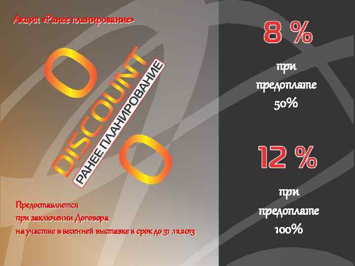 Акция «Ранее планирование» при предоплате 50% Предоставляется при заключении Договора на участие в весенней