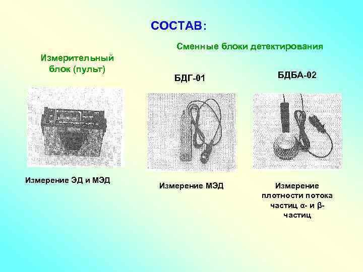 СОСТАВ: Сменные блоки детектирования Измерительный блок (пульт) Измерение ЭД и МЭД БДГ-01 БДБА-02 Измерение