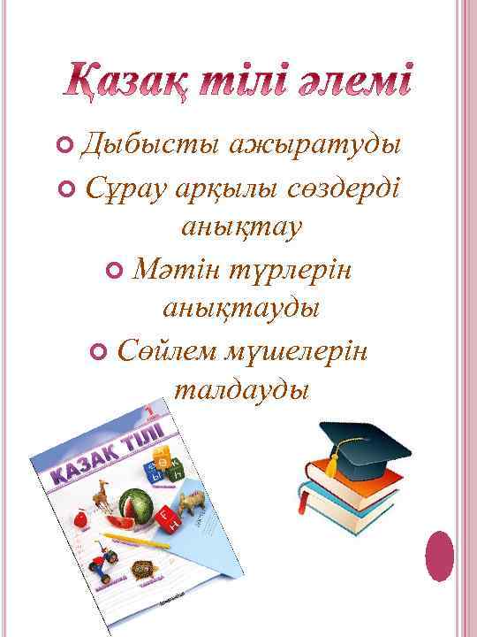 Дыбысты ажыратуды Сұрау арқылы сөздерді анықтау Мәтін түрлерін анықтауды Сөйлем мүшелерін талдауды 