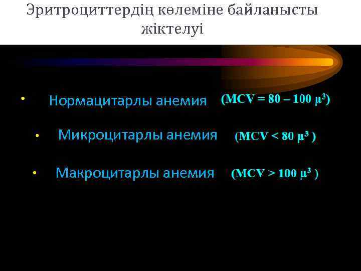 Эритроциттердің көлеміне байланысты жіктелуі Нормацитарлы анемия Микроцитарлы анемия Макроцитарлы анемия 