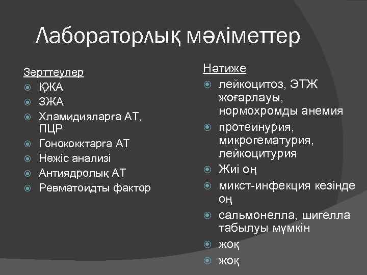 Лабораторлық мәліметтер Зерттеулер ҚЖА ЗЖА Хламидияларға АТ, ПЦР Гонококктарға АТ Нәжіс анализі Антиядролық АТ