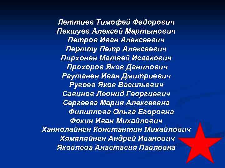 Леттиев Тимофей Федорович Пекшуев Алексей Мартынович Петров Иван Алексеевич Пертту Петр Алексеевич Пирхонен Матвей