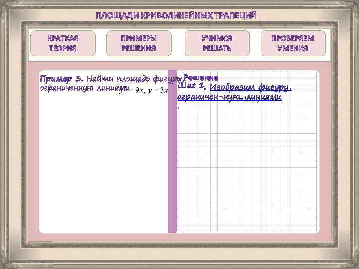 ПЛОЩАДИ КРИВОЛИНЕЙНЫХ ТРАПЕЦИЙ КРАТКАЯ ТЕОРИЯ ПРИМЕРЫ РЕШЕНИЯ УЧИМСЯ РЕШАТЬ ПРОВЕРЯЕМ УМЕНИЯ Пример 3. Найти