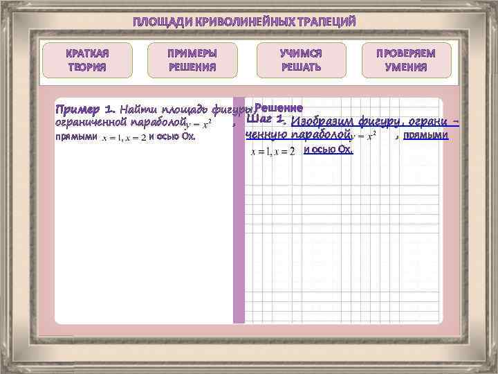 ПЛОЩАДИ КРИВОЛИНЕЙНЫХ ТРАПЕЦИЙ КРАТКАЯ ТЕОРИЯ ПРИМЕРЫ РЕШЕНИЯ УЧИМСЯ РЕШАТЬ ПРОВЕРЯЕМ УМЕНИЯ Пример 1. Найти