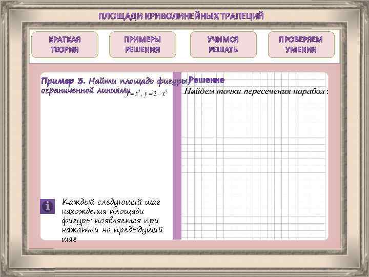 ПЛОЩАДИ КРИВОЛИНЕЙНЫХ ТРАПЕЦИЙ КРАТКАЯ ТЕОРИЯ ПРИМЕРЫ РЕШЕНИЯ УЧИМСЯ РЕШАТЬ Пример 3. Найти площадь фигуры,