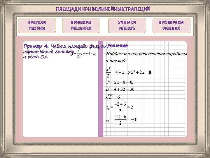 ПЛОЩАДИ КРИВОЛИНЕЙНЫХ ТРАПЕЦИЙ КРАТКАЯ ТЕОРИЯ ПРИМЕРЫ РЕШЕНИЯ УЧИМСЯ РЕШАТЬ Пример 4. Найти площадь фигуры,