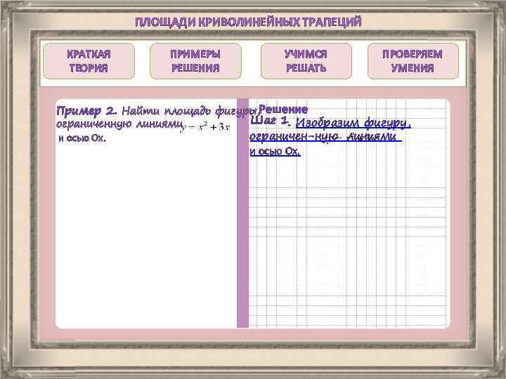 ПЛОЩАДИ КРИВОЛИНЕЙНЫХ ТРАПЕЦИЙ КРАТКАЯ ТЕОРИЯ ПРИМЕРЫ РЕШЕНИЯ УЧИМСЯ РЕШАТЬ ПРОВЕРЯЕМ УМЕНИЯ Пример 2. Найти