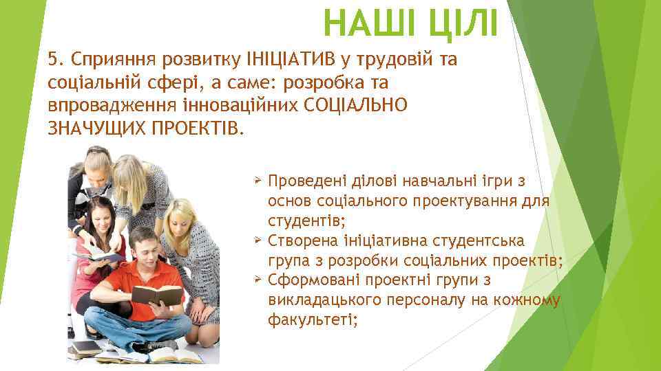 НАШІ ЦІЛІ 5. Сприяння розвитку ІНІЦІАТИВ у трудовій та соціальній сфері, а саме: розробка