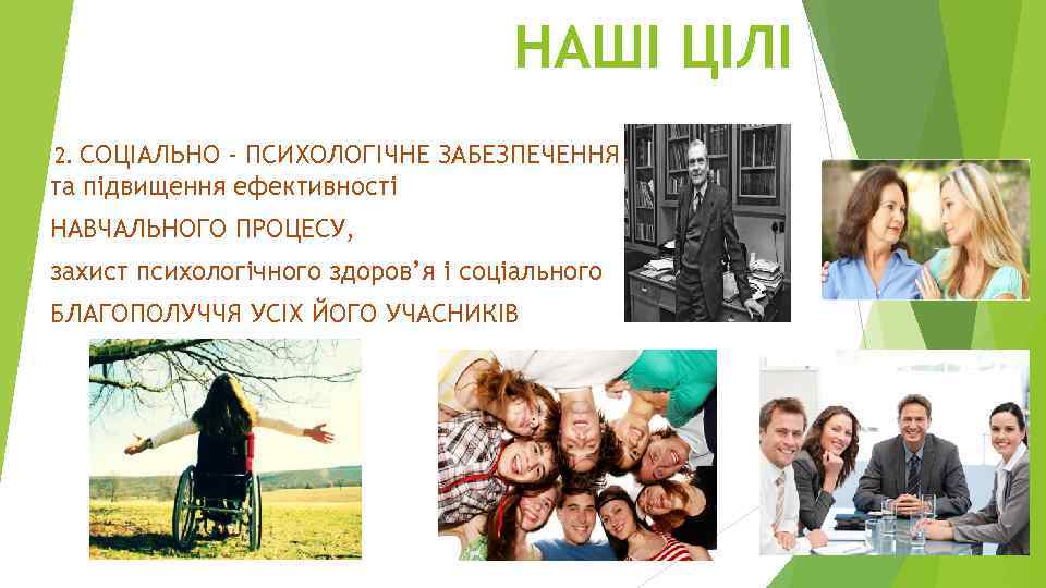 НАШІ ЦІЛІ СОЦІАЛЬНО - ПСИХОЛОГІЧНЕ ЗАБЕЗПЕЧЕННЯ та підвищення ефективності 2. НАВЧАЛЬНОГО ПРОЦЕСУ, захист психологічного