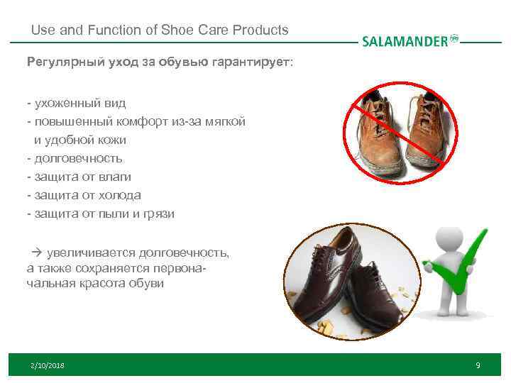 Use and Function of Shoe Care Products Регулярный уход за обувью гарантирует: - ухоженный