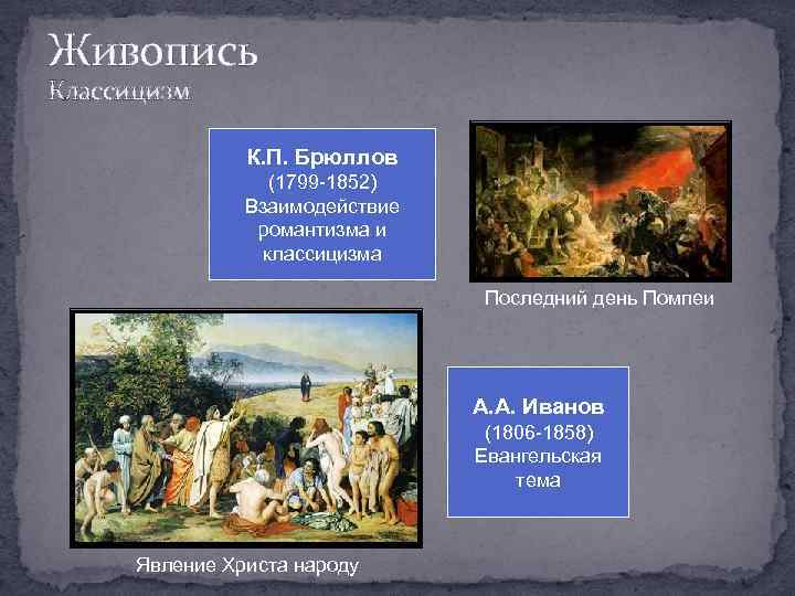 Живопись Классицизм К. П. Брюллов (1799 -1852) Взаимодействие романтизма и классицизма Последний день Помпеи