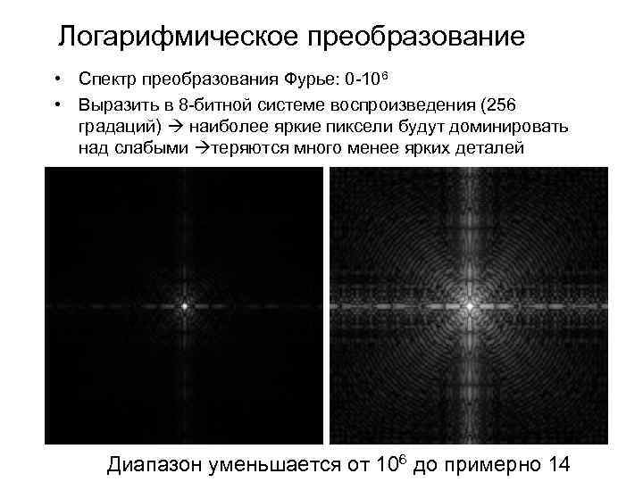 Логарифмическое преобразование • Спектр преобразования Фурье: 0 -106 • Выразить в 8 -битной системе