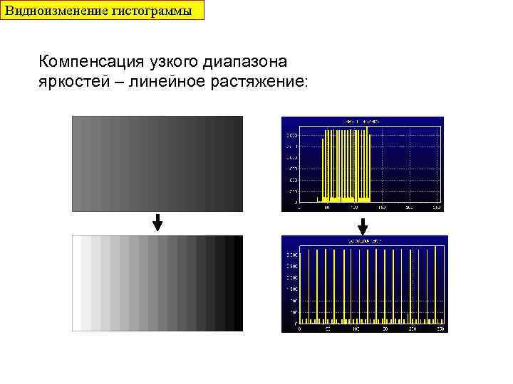 Видноизменение гистограммы Компенсация узкого диапазона яркостей – линейное растяжение: 