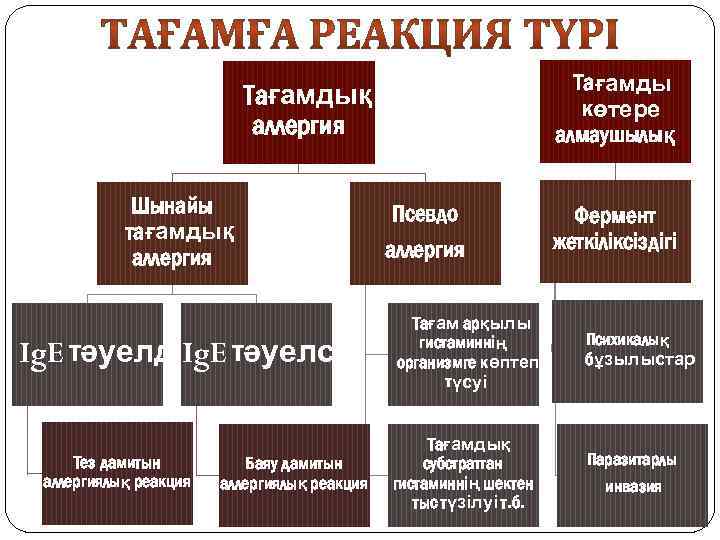 Тағамды көтере алмаушылық Тағамдық аллергия Шынайы тағамдық аллергия Ig. E тәуелдіIg. E тәуелсіз Тез