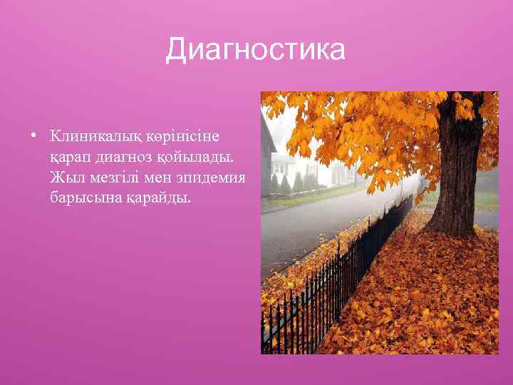 Диагностика • Клиникалық көрінісіне қарап диагноз қойылады. Жыл мезгілі мен эпидемия барысына қарайды. 