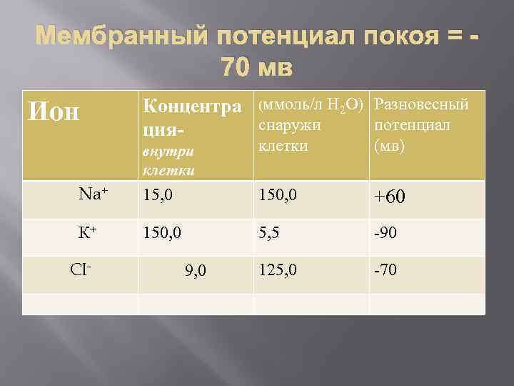 Мембранный потенциал покоя = 70 мв Ион Концентра (ммоль/л Н 2 О) Разновесный снаружи