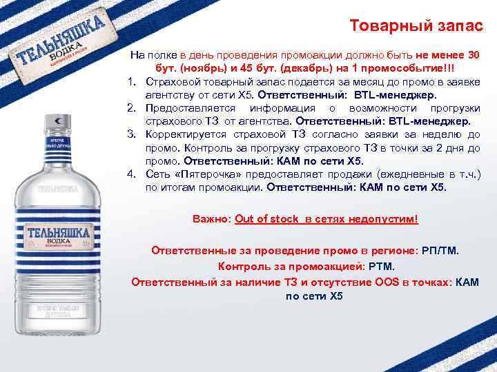 Товарный запас На полке в день проведения промоакции должно быть не менее 30 бут.