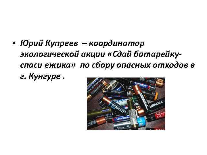  • Юрий Купреев – координатор экологической акции «Сдай батарейкуспаси ежика» по сбору опасных