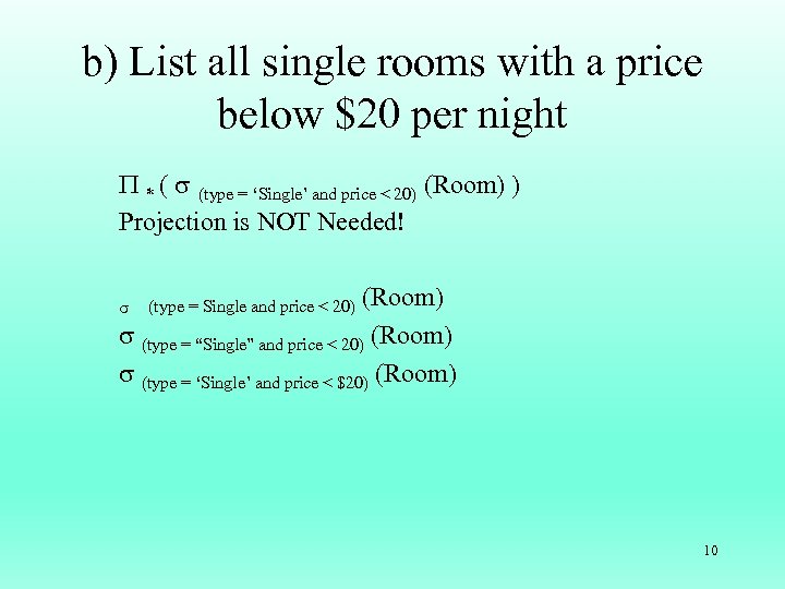 b) List all single rooms with a price below $20 per night * (