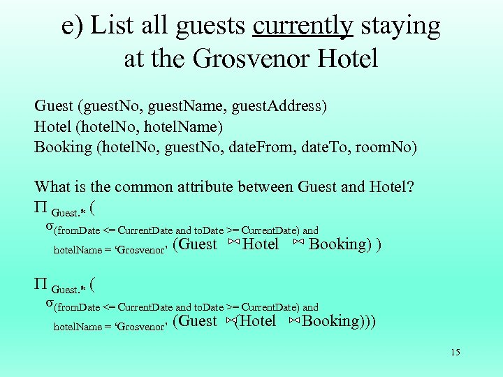 e) List all guests currently staying at the Grosvenor Hotel Guest (guest. No, guest.