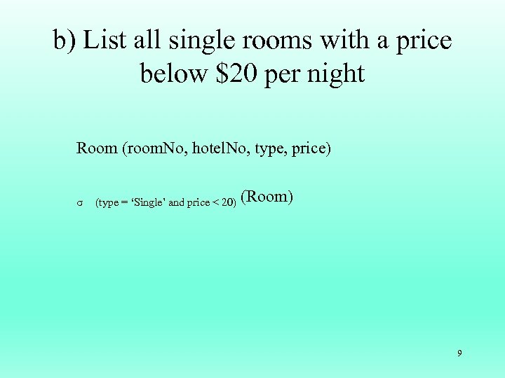 b) List all single rooms with a price below $20 per night Room (room.