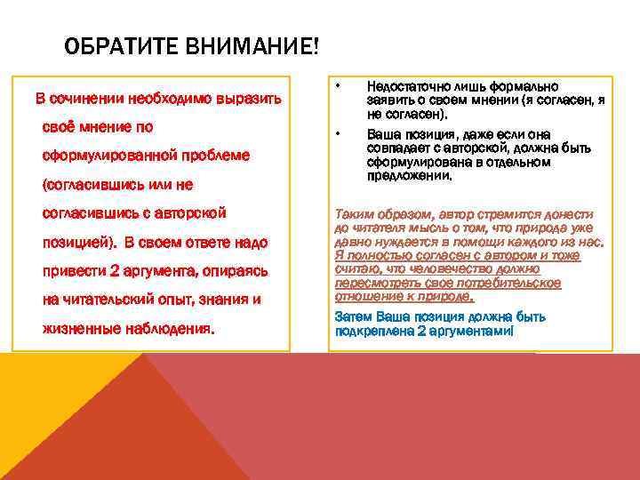 ОБРАТИТЕ ВНИМАНИЕ! В сочинении необходимо выразить своё мнение по сформулированной проблеме (согласившись или не