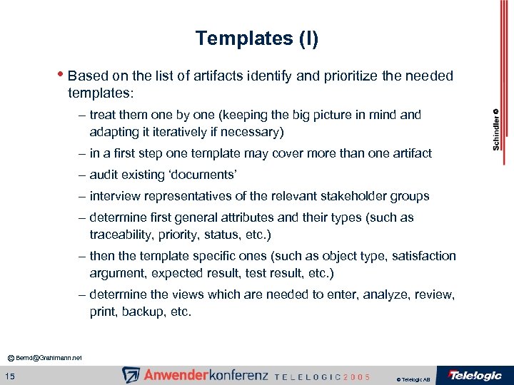 Templates (I) • Based on the list of artifacts identify and prioritize the needed