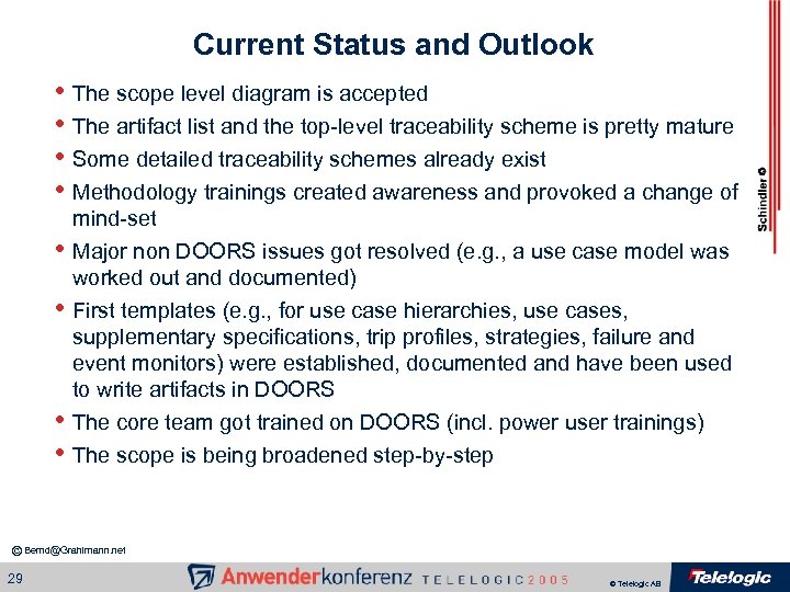 Current Status and Outlook • The scope level diagram is accepted • The artifact