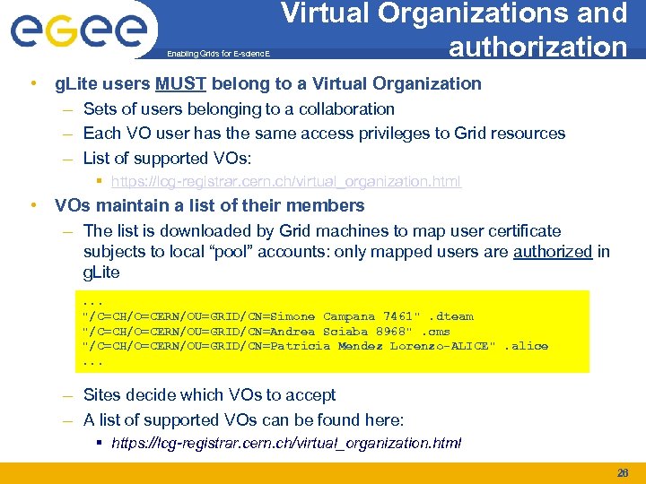 Enabling Grids for E-scienc. E Virtual Organizations and authorization • g. Lite users MUST