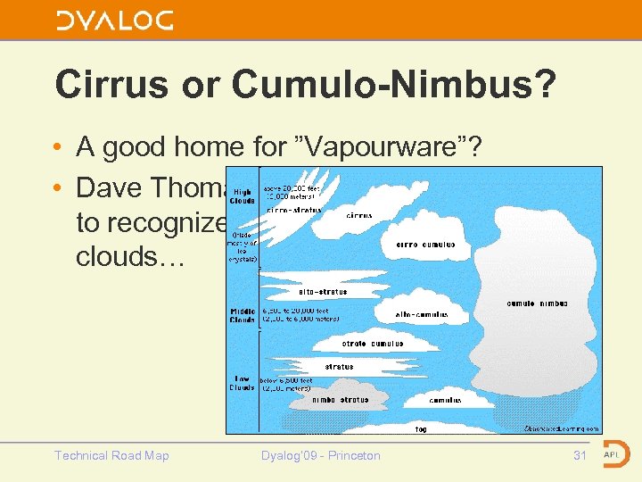 Cirrus or Cumulo-Nimbus? • A good home for ”Vapourware”? • Dave Thomas is about