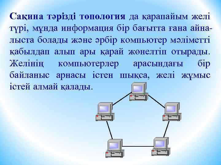 Сақина тәрізді топология да қарапайым желі түрі, мұнда информация бір бағытта ғана айналыста болады