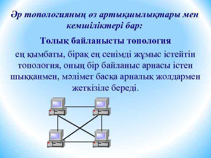 Әр топологияның өз артықшылықтары мен кемшіліктері бар: Толық байланысты топология ең қымбаты, бірақ ең